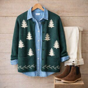 Vintage Talbots Wool Evergreen Tree Cardigan | 100% Wool | Cozy Winter Classic